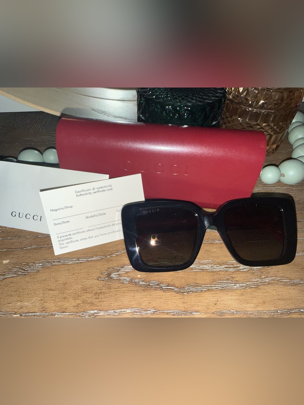 100% Authentic Gucci Black Square Polarized Women's Sunglasses with Leather Case